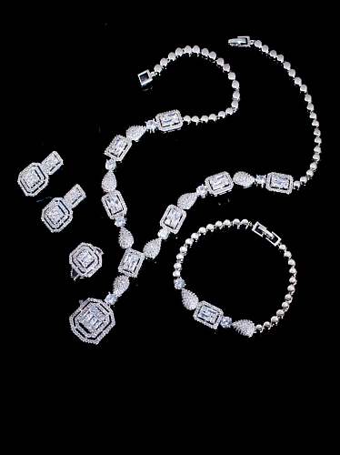 Messing Zirkonia Luxus Geometrische Ring Ohrring Braclete und Halskette Set
