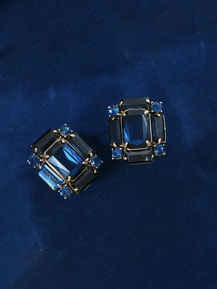 Brass Glass Stone Square Vintage Stud Earring