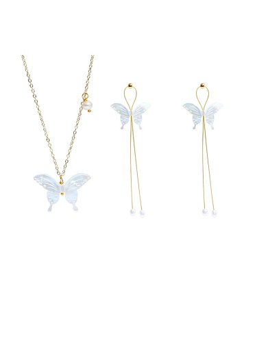 Minimalistisches Schmetterlings-Ohrring- und Halsketten-Set mit Muschel aus Messing