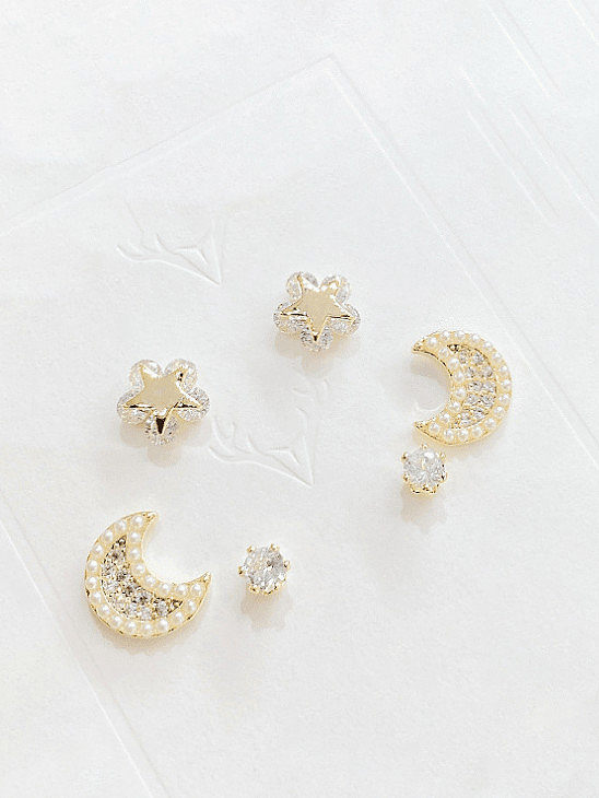 Brass Cubic Zirconia Moon Cute Stud Earring