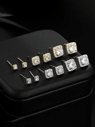 Brass Cubic Zirconia Square Minimalist Stud Earring