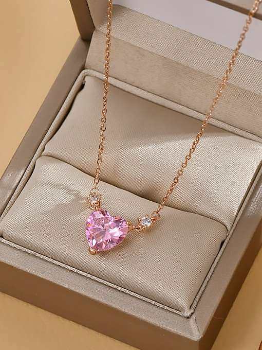 Brass Cubic Zirconia Pink Heart Dainty Necklace