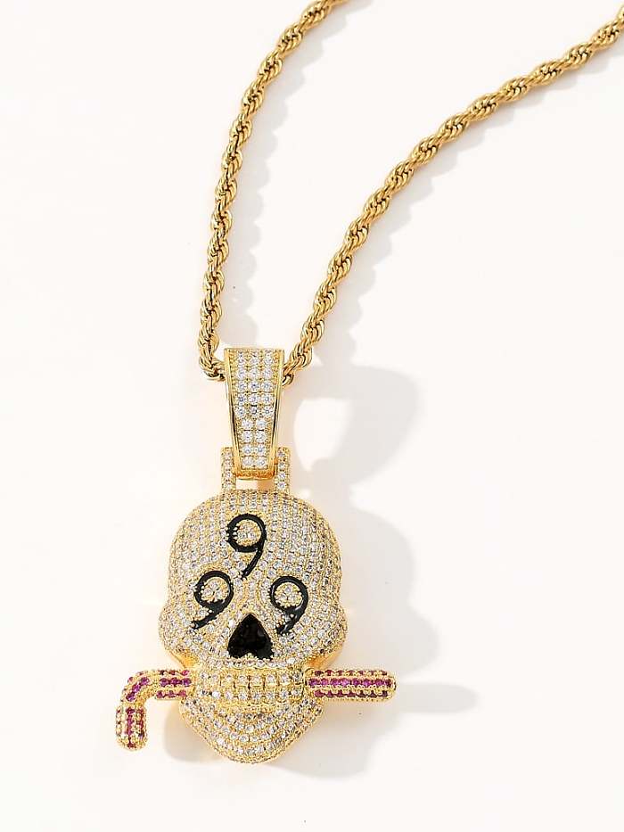 Collar de hip hop con calavera de circonita cúbica de latón