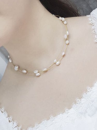 Brass Freshwater Pearl Round Minimalist Multi Strand Necklace