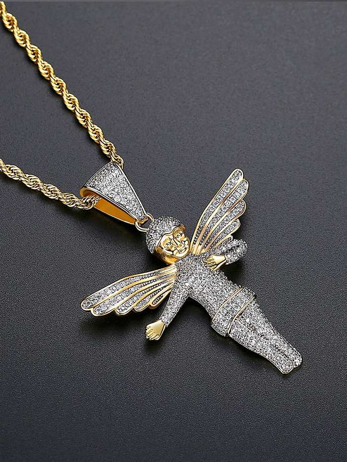 Collar de hip hop con ala de circonita cúbica de ángel de latón