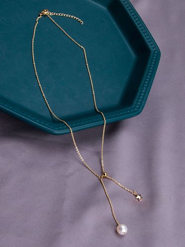 Brass Freshwater Pearl Tassel Minimalist Lariat Necklace