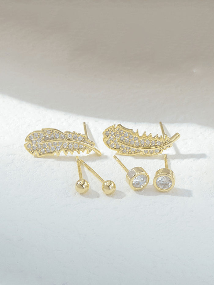 Brass Cubic Zirconia Leaf Minimalist Stud Earring