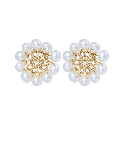 Brass Freshwater Pearl Flower Cute Stud Earring