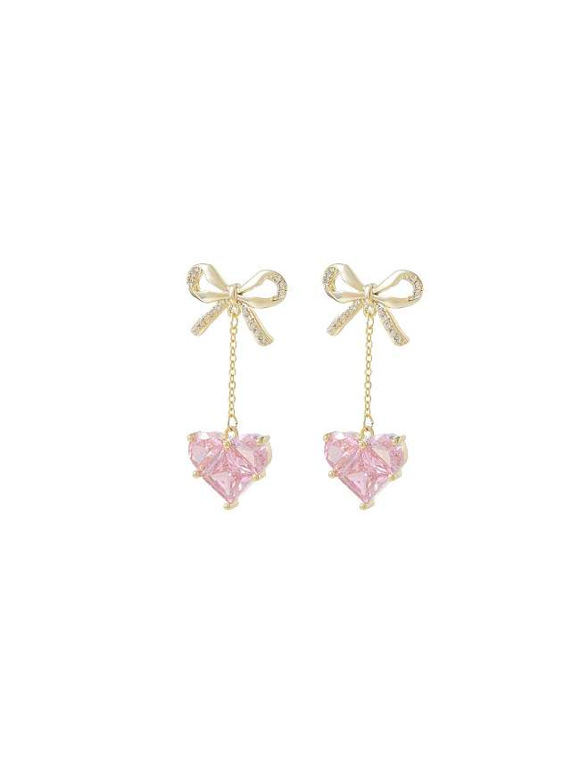 Brass Cubic Zirconia Pink Heart Dainty Drop Earring