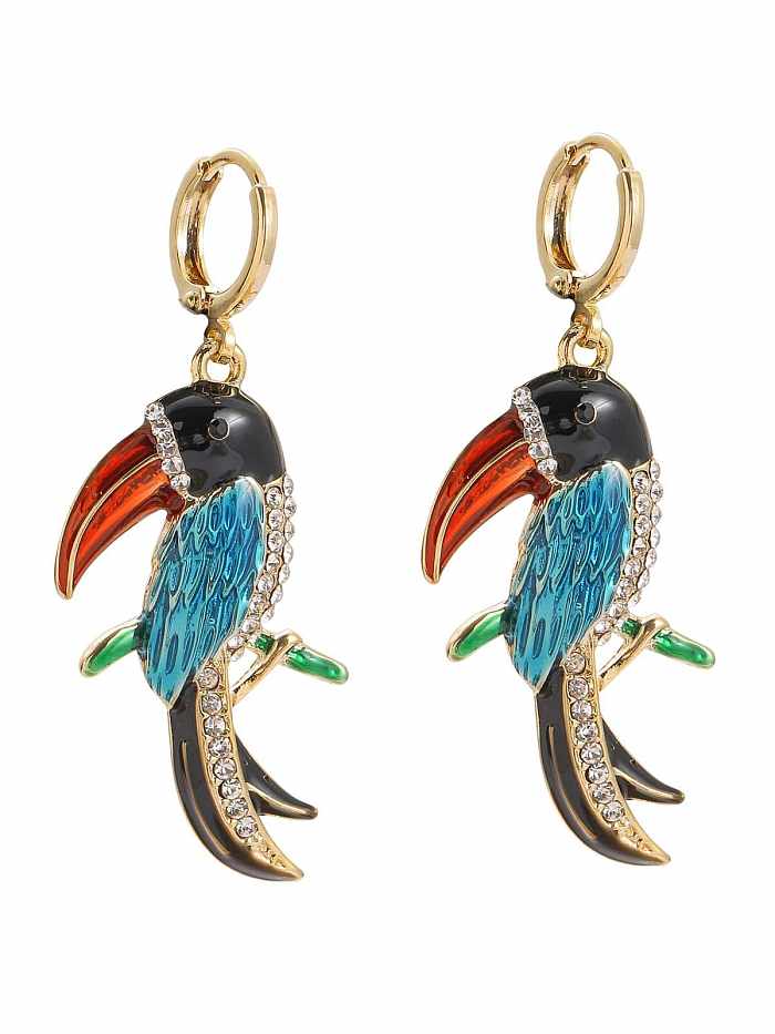 Brass Cubic Zirconia Enamel Bird Hip Hop Huggie Earring