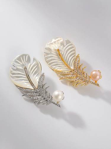 Brass Cubic Zirconia Shell Feather Trend Brooch