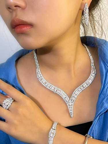 Brass Cubic Zirconia Luxury Irregular Ring Earring Bangle And Necklace Set