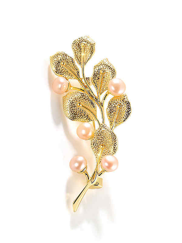 Brass Imitation Pearl Leaf Minimalist Brooch
