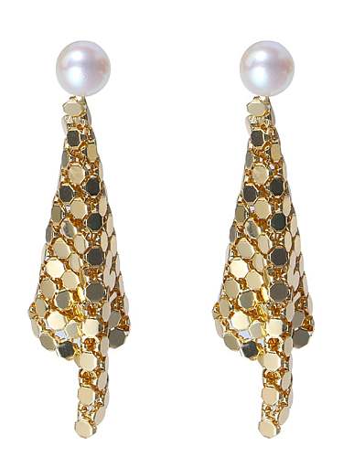 Boucles d'Oreilles Goutte Vintage Géométrique Perle d'Eau Douce en Laiton