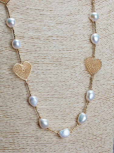 Brass Freshwater Pearl Hollow Heart Vintage Necklace