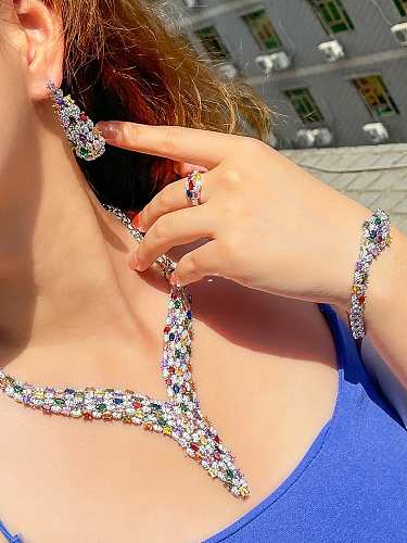Laiton cubique zircone luxe goutte d'eau anneau boucle d'oreille bracelet et collier ensemble