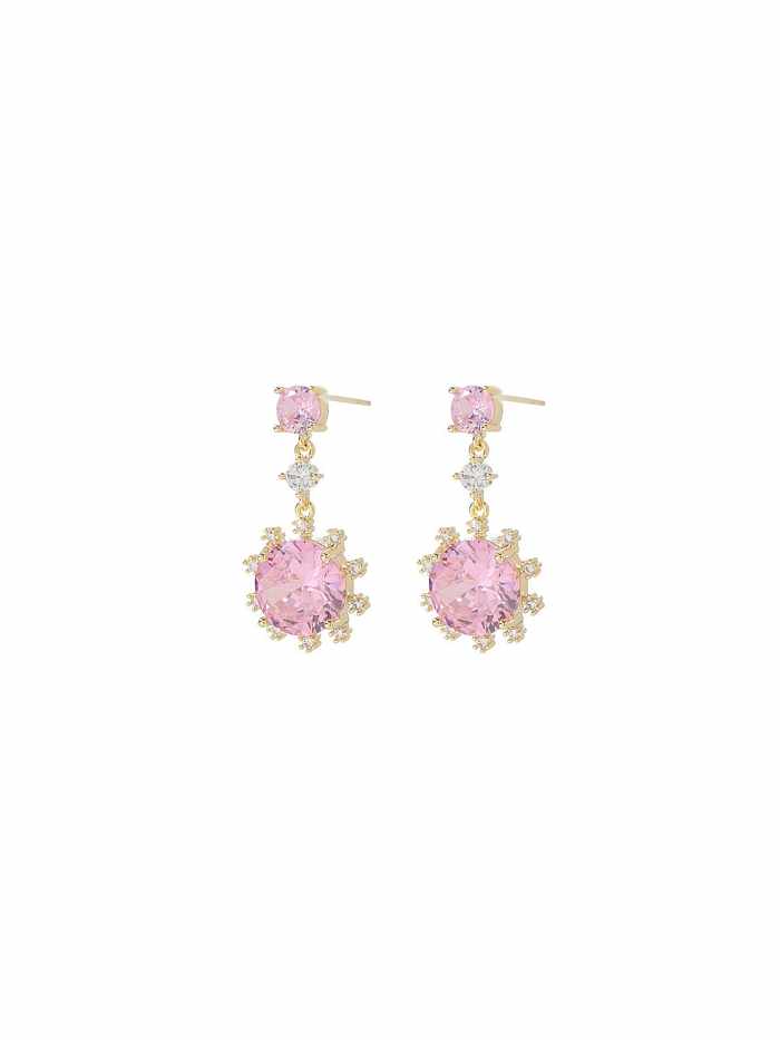 Brass Cubic Zirconia Pink Flower Dainty Drop Earring