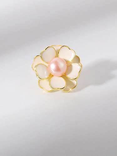 Broche lindo de flor de esmalte de perla de agua dulce de latón