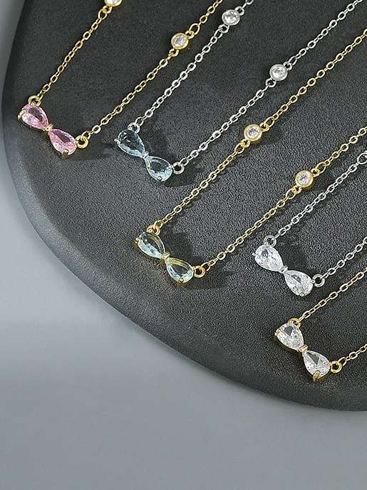 Brass Cubic Zirconia Pink Bowknot Dainty Necklace