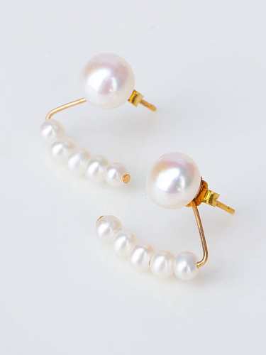 Brass Freshwater Pearl Geometric Minimalist Stud Earring