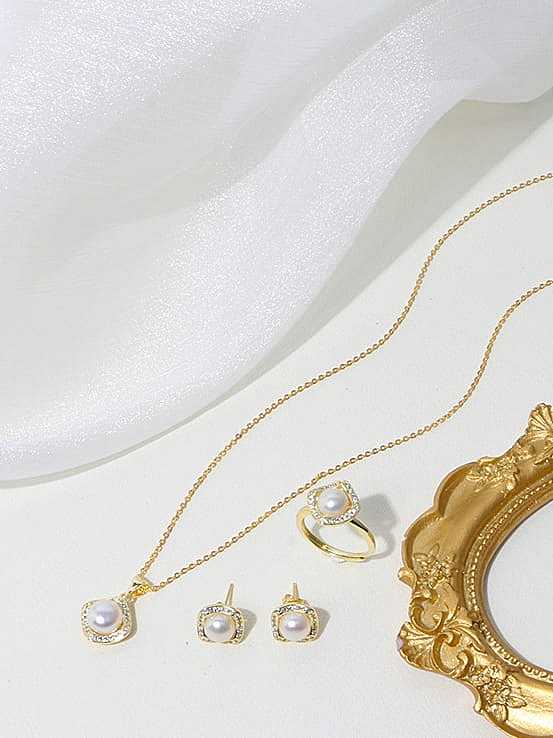 Brass Freshwater Pearl Minimalist Geometric Earring Ring and Necklace Set