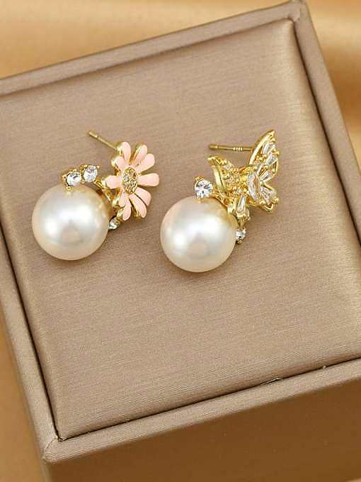 Brass Imitation Pearl Enamel Flower Dainty Stud Earring