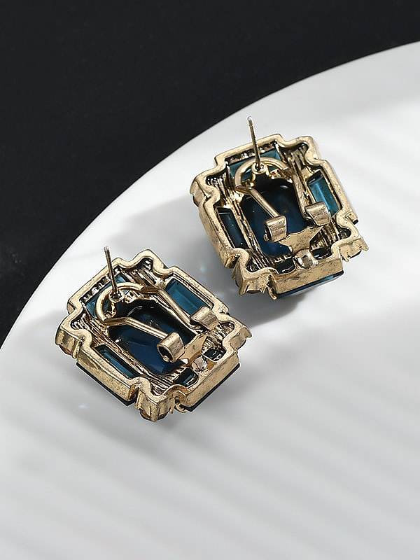 Brass Glass Stone Square Vintage Stud Earring