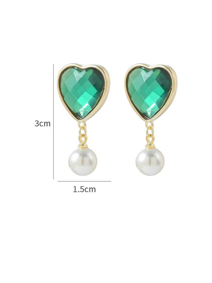 Brass Imitation Pearl Green Heart Trend Stud Earring