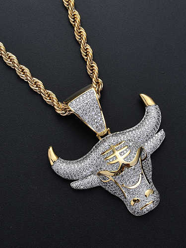 Brass Cubic Zirconia Bull head Hip Hop Necklace