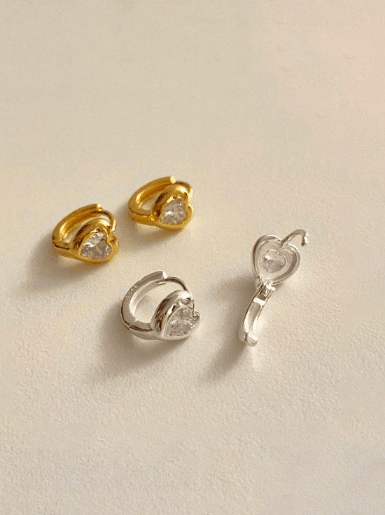 925 Sterling Silver Rhinestone Heart Minimalist Huggie Earring