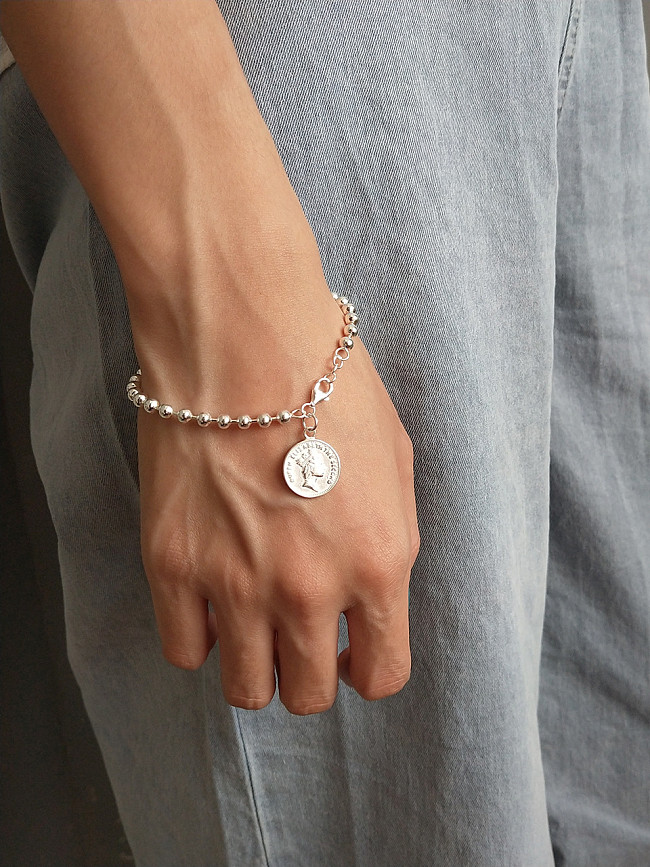 Bracelet de perles de pièce de monnaie de reine de chaîne de personnalité en argent sterling