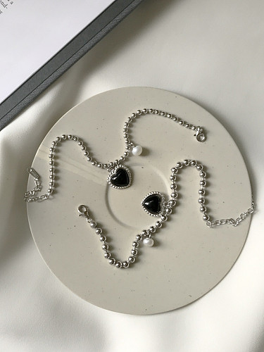 Pure silver fashion Black Agate heart personality Beads Bracelet