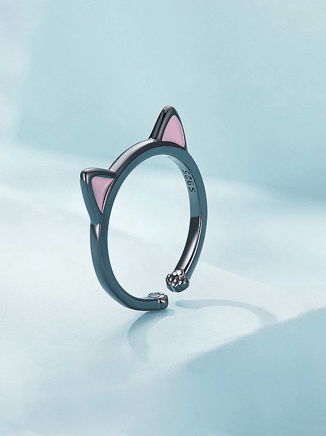 925 Sterling Silver Enamel Cat Minimalist Band Ring