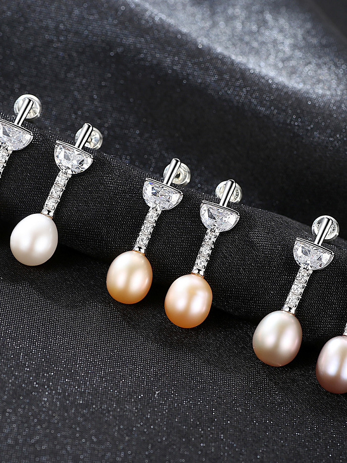 Sterling Silver with 3A zircon 7-8mm Natural Freshwater Pearl Earrings