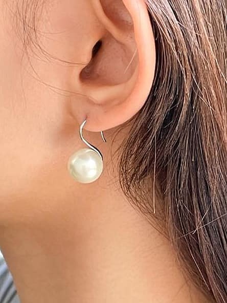 925 Sterling Silver Imitation Pearl Ball Minimalist Hook Earring