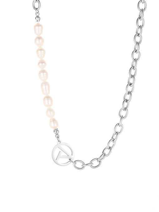 Collar delicado geométrico de perlas de agua dulce de acero titanio