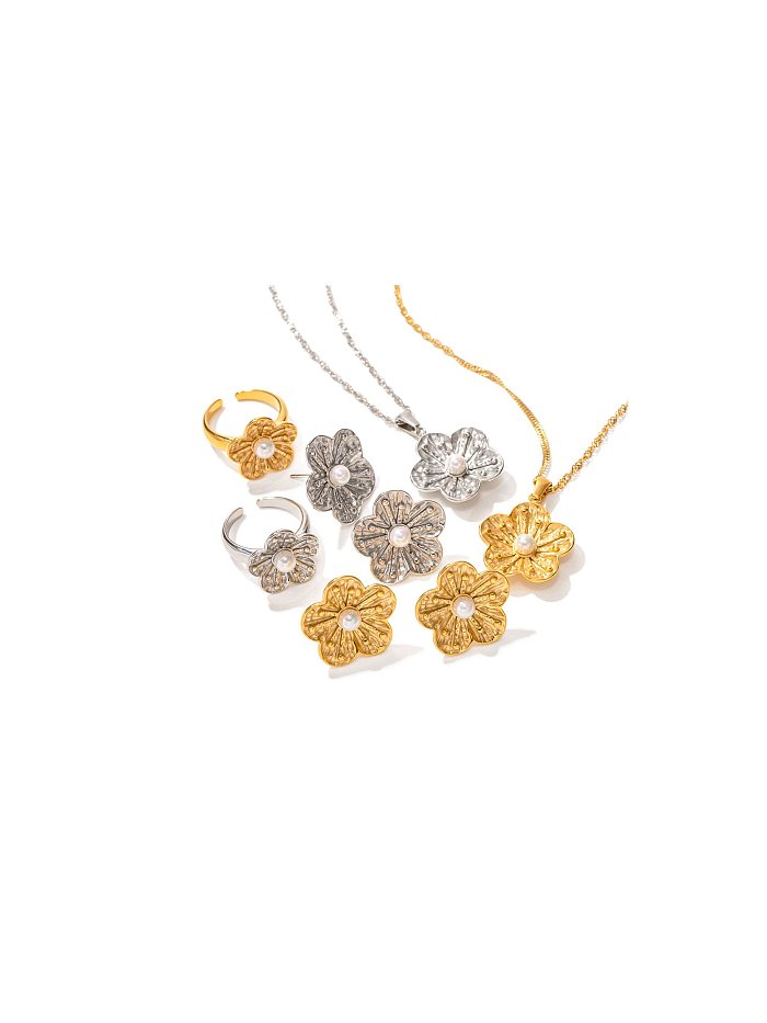 Ensemble de boucles d'oreilles et de collier en acier inoxydable Imitation Pearl Trend Flower