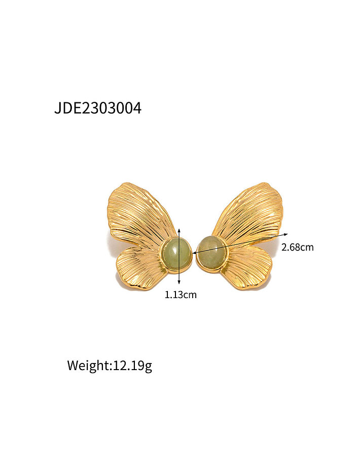 Pendiente de botón vintage de mariposa esmeralda de acero inoxidable