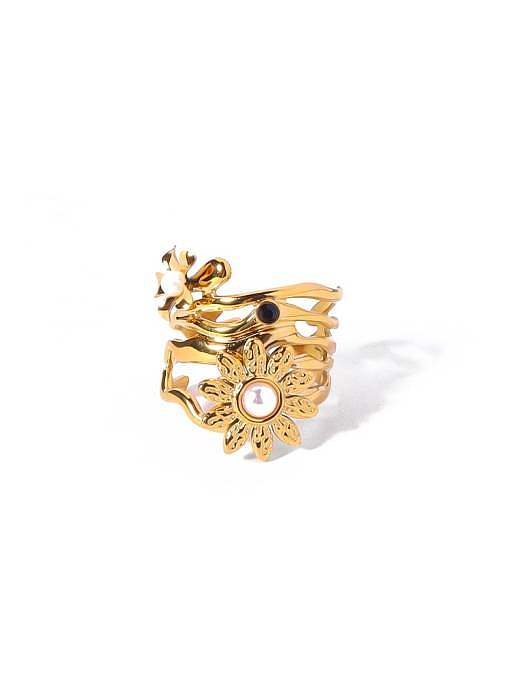 Titanium Steel Imitation Pearl Flower Trend Band Ring