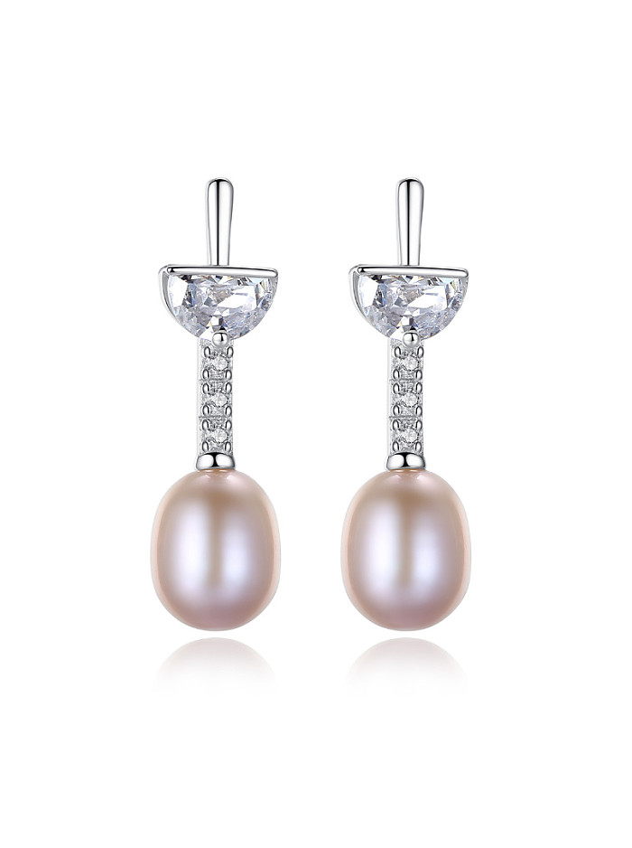Sterling Silver with 3A zircon 7-8mm Natural Freshwater Pearl Earrings