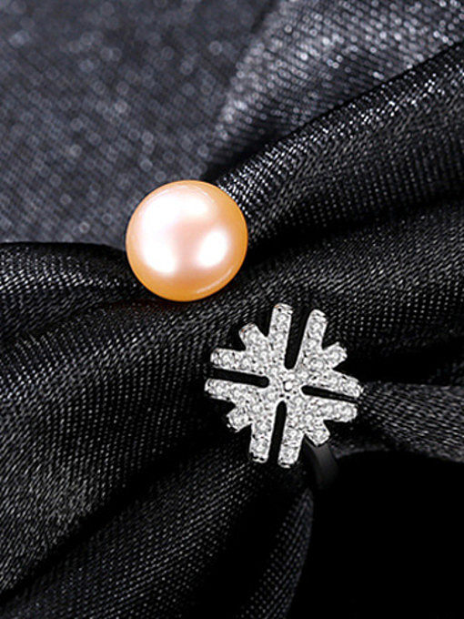 Pure silver zircon snowflake natural freshwater pearl free size ring