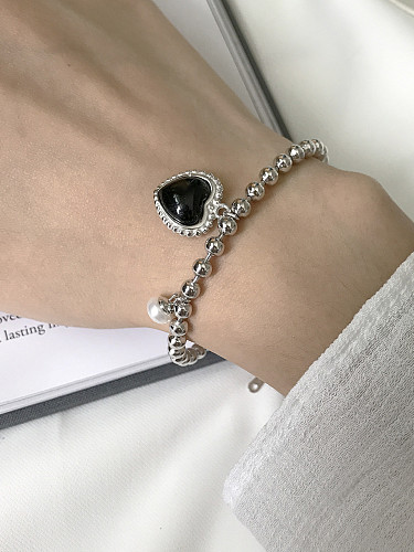 Reines Silber Mode Schwarz Achat Herz Persönlichkeit Perlen Armband