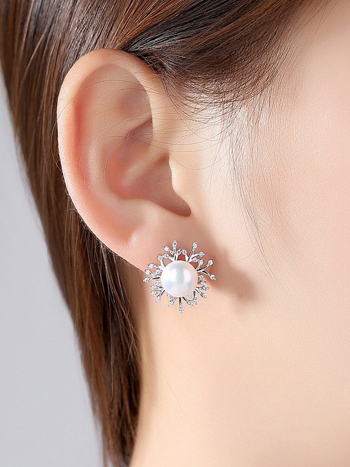 Pure Silver Freshwater Pearl Flower Branch Earrings