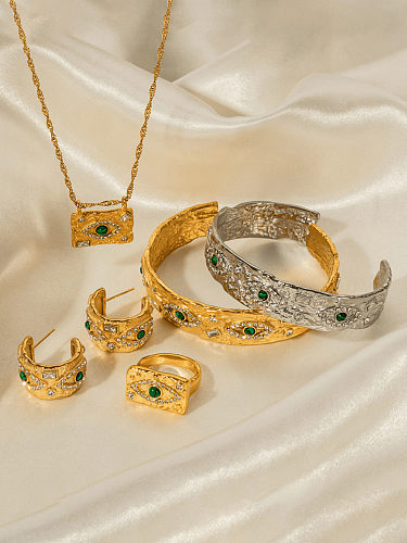 Set mit geometrischem Hip-Hop-Ring, Ohrring, Armreif und Halskette aus Edelstahl mit kubischem Zirkon