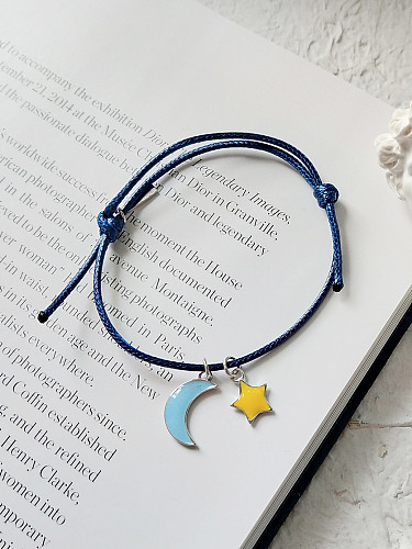 Bracelet étoile lune fil wax bleu argent massif