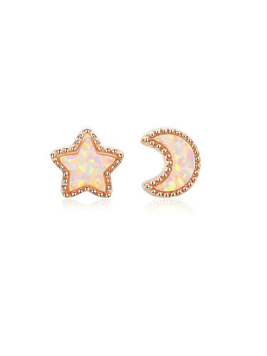 925 Sterling Silver Rhinestone Asymmetrical Star Moon Cute Stud Earring