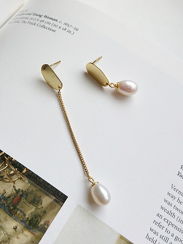 Sterling Silver asymmetrical smooth egg shaped synthetic Pearl Stud Earrings