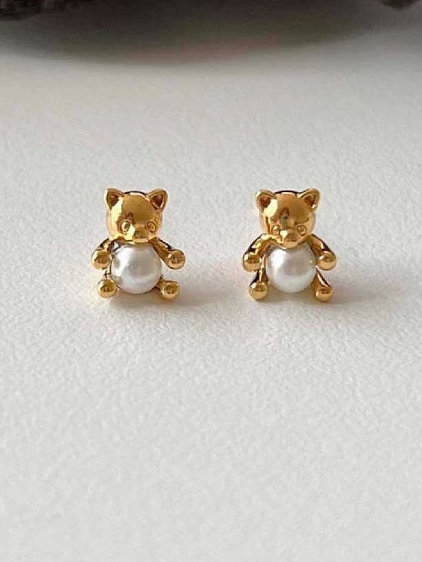 925 Sterling Silver Imitation Pearl Bear Vintage Stud Earring