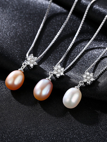 Collar de perlas naturales de agua dulce de plata pura con flores de circón AAA