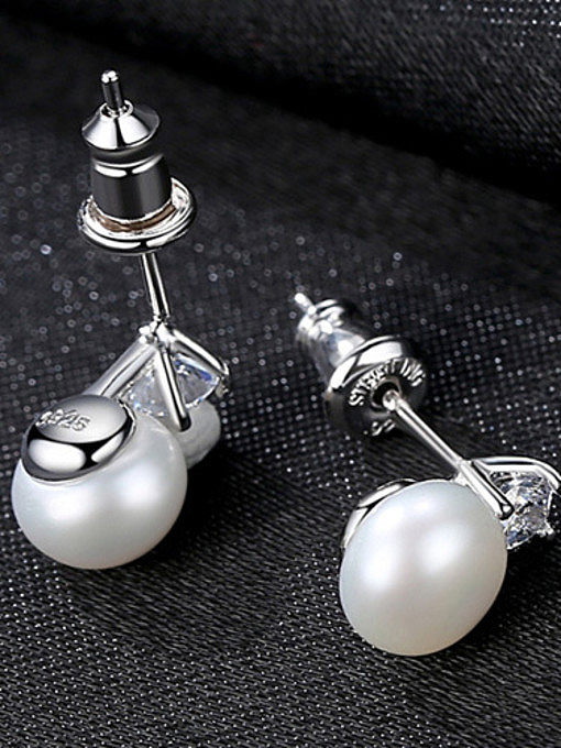 Sterling Silver classic natural pearl zircon Stud Earrings